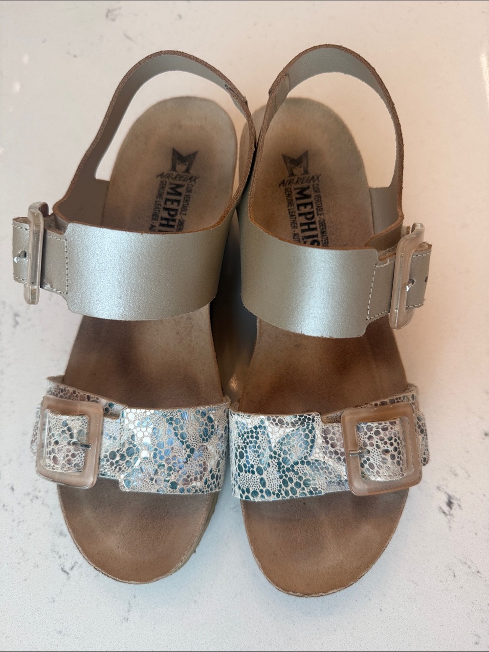 Mephisto Kids Silver Sandals with Blue Patterned Straps